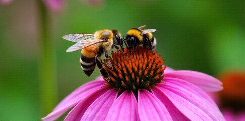 Honeybee and Bumblebee on Flower Macro, Natural Light, Detailed, Bokeh Background Macro photography of a honeybee and a bumblebee on a vibrant purple coneflower. Soft, diffused natural light