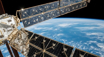 Spectacular view of Earth from the International Space Station with solar panels shining brightly