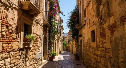 Charming old street with rustic stone walls and vibrant bougainvillea in a mediterranean town