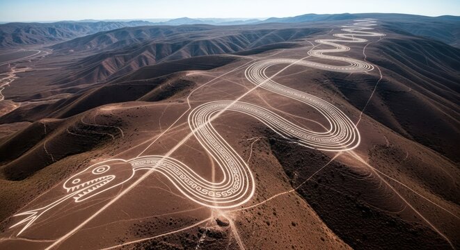 Enigmatic snake geoglyph carved into the arid desert landscape visible from above