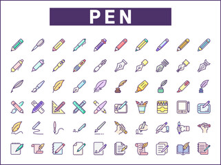 Simple Set of pen Related Vector Line Icons. Vector collection of pencil and quill pen, marker pen, stationery, writing, literature, pen nib symbols or logo elements in thin outline.