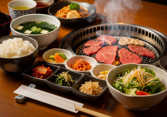 食欲をそそる焼肉定食：豪華なサイドメニューと白米で味わう至福のひととき