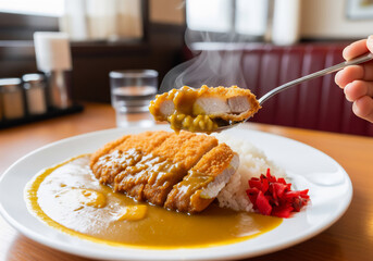 湯気立つ熱々！サクサクとんかつの絶品カツカレー