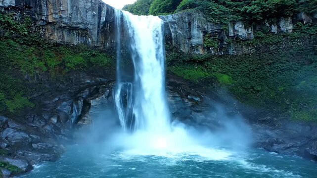 Powerful wide shot of a majestic waterfall cascading dramatically down a rugged rock face into a misty, churning pool below backdrop, grand, naturalwonder