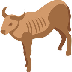 Brown Wildebeest Animal Standing Facing Left Side With Isometric Style Isolated on White Background No Realistic Details