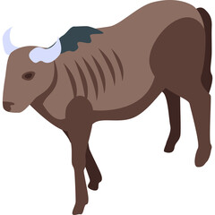 Brown Wildebeest Standing Isolated on White Background With Light Blue Horns and Dark Mane Flat Design Isometric Style