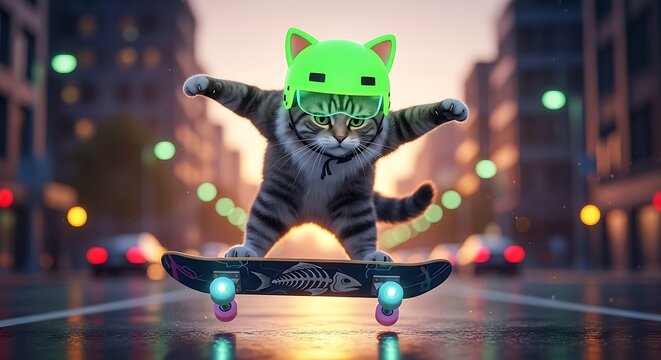 Cool Cat Skater in Neon Green Hat on City Street at Night.