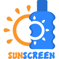 Blue Sunscreen Bottle With Orange Sun Symbol And Text On Transparent Background Flat Icon Vector Art