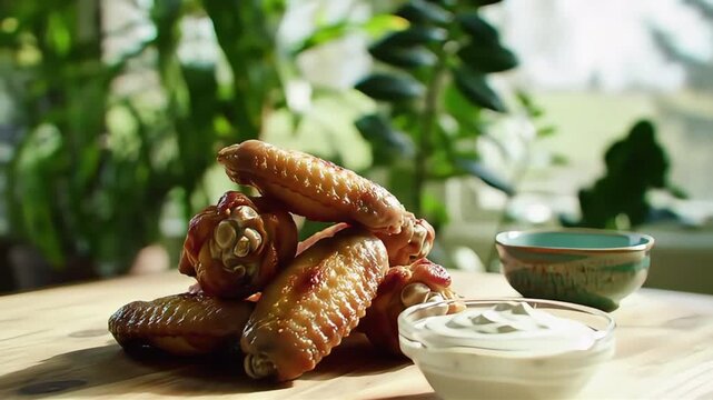 Delicious golden chicken wings piled high on a wooden table with creamy dipping sauce and a vibrant green plant background perfect for appetizers or a casual me