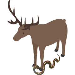 Brown Moose with Antlers Standing Over a Yellow and Black Snake Isolated on a White Background