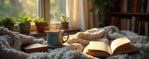 A cozy reading nook filled with books, a steaming mug, and soft blankets, perfect for a relaxing reading session Ideal for bookworms and cozy home vibes , coffee, atmosphere, desk