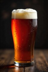 A pint of rich, dark amber brewery bitter, head forming a creamy crown atop the glass, condensation clinging to the side , craft beer, aroma