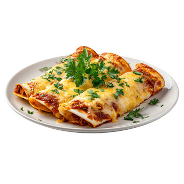 Chicken enchiladas with red sauce and cheese on a plate isolated die-cut