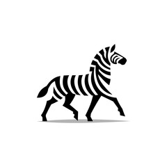 Black minimalist zebra logo design with stylized stripes forming a walking zebra silhouette