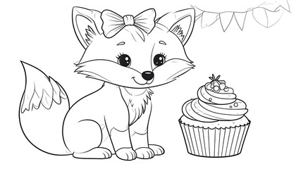 Cute cartoon fox with cupcake