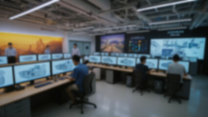 background blurred Evergrande innovation lab, with 3D printers and prototypes on display, tech-themed mural background, early evening, soft ambient lighting with desk lamps, 28mm lens