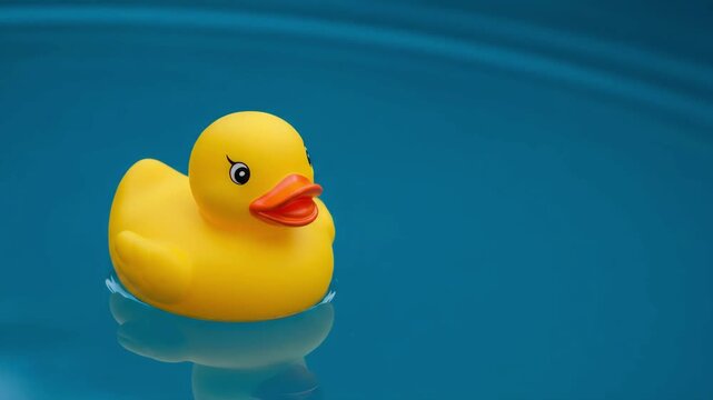 Yellow rubber duck floating on water surface. Concept of childhood, relaxation, bath time, and playful nostalgia.  
