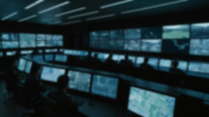 background blurred Evergrande security control room, large surveillance screens and tech consoles, dark corridor behind, night, low light with LED screen glow, 16mm lens, rapid zoom on console.