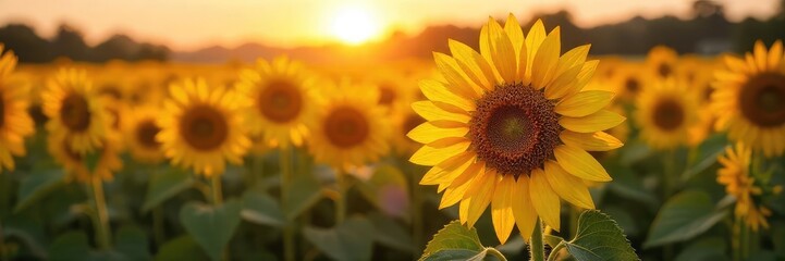 Obraz premium Close-up of a vibrant sunflower field at sunset, its petals glistening with dew, creating a sparkling effect The warm light enhances the natural beauty and texture , rural, sunlight, agriculture