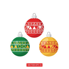 Set of three colorful Christmas baubles with geometric patterns.