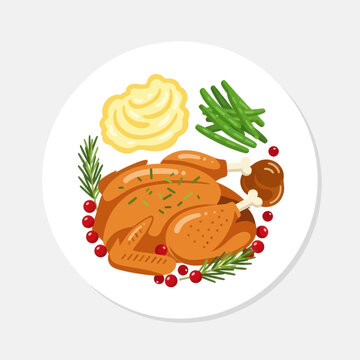 Traditional holiday roasted turkey dinner on a plate vector illustration.