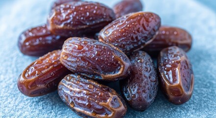 Dates pile on a textured surface shimmering with moisture creating a captivating visual