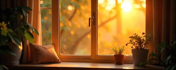 Golden hour sunlight streams through a window, illuminating dust motes dancing in the warm, lazy rays of a Sunday afternoon  Perfect for relaxation and peaceful vibes ,  interior,  interior design
