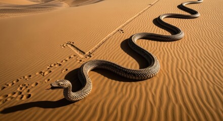 Serpentine journey across undulating dunes: a scaled traveler in a vast desert landscape