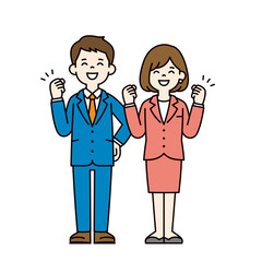 笑顔でガッツポーズをする、若いビジネスマンの男性と女性の全身ベクターイラスト素材＿カラー