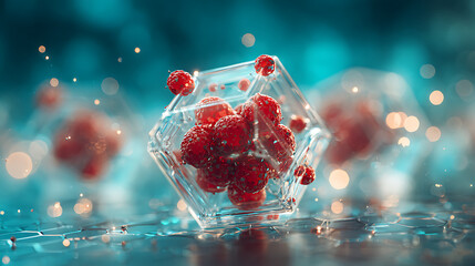 Innovative medical concept featuring microscopic cells encapsulated in crystal clear structure, symbolizing health research and cutting-edge technology solutions