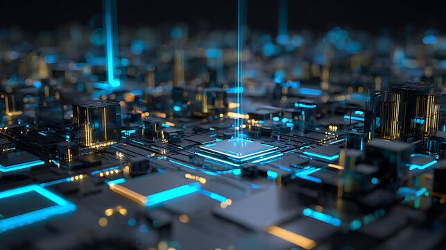 Futuristic digital landscape showing data stream connecting with central processor core, a modern technology concept for digital innovation and connectivity