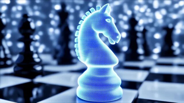 A glowing, digital chess knight on a blurred chessboard