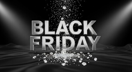 Elegant Black Friday promo design featuring metallic lettering, falling diamonds and draped black fabric. Perfect for luxury sales promotions and holiday marketing.