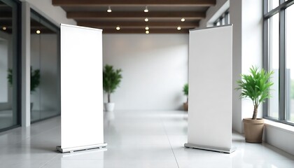 Modern Office Hall with Two Empty White Roll-Up Banner Stands for Business Presentations, mockup, Blank roll up banner stand in modern office, created with generative ai