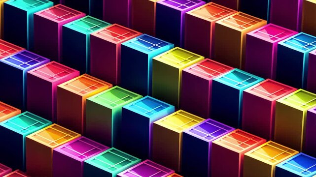geometric blocks, Abstract neon cubes or boxes moving dynamically. Concept of technology, architecture, digital structure, and innovation.
