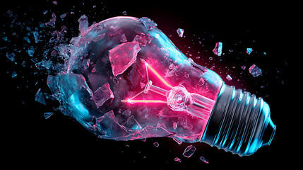 Shattered glass lightbulb with glowing filament, a powerful visual metaphor for innovation, disruption, or creative breakthrough, neon pink and blue