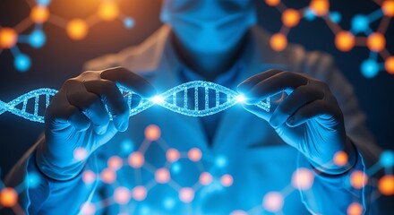 Scientist Holding Glowing DNA Strand in Laboratory for Genetic Research and Medical Innovation with Advanced Molecular Structures