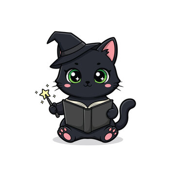 Cute black cat wizard reading spell book holding wand vector
