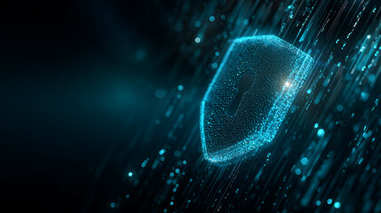 Cybersecurity shield glows with digital protection, data streams, and modern encryption, offering online safety and security for digital assets