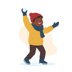 Cheerful boy in winter clothes throws snowball outdoors, snowball moment capturing playful childhood energy, snowball scene perfect for family-friendly designs and seasonal illustration projects.