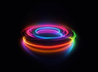 Hints: circular light patterns, vivid colors.

Glowing circular light patterns in a dark space create a vibrant display, a swirl of vivid colors. The illuminated circles float, giving an impression of