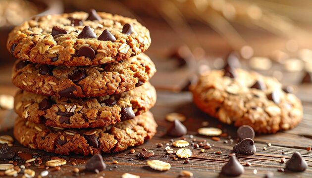 Stack of freshly baked oatmeal chocolate chip cookies on a rustic wooden table with scattered chocolate chips and oats. Delicious homemade dessert.