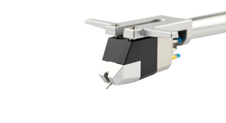Closeup of a turntable cartridge isolated on transparent background, showcasing the stylus and intricate components for precise vinyl record playback