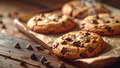 Delicious, warm chocolate chip cookies on a rustic wooden background with scattered chocolate chips and subtle steam, highlighting a fresh-baked dessert.