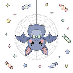 Cute kawaii bat hanging upside down with candy and stars vector