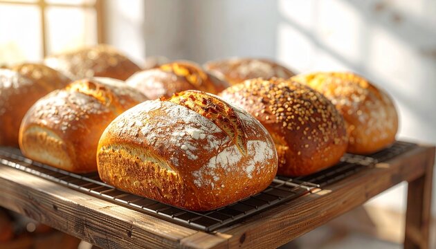 Warm, rustic loaves of freshly baked artisan bread cooling on a rack, bathed in golden sunlight, perfect for a bakery or healthy eating concept. - Powered by Adobe