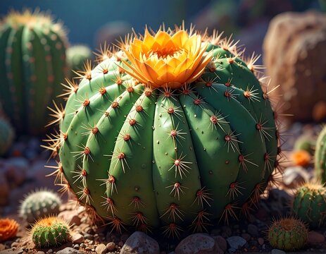 A close-up of a round cactus with a blooming orange flower