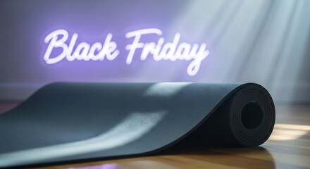 Black Friday yoga sale background. Rolled mat in sunlit room. Perfect for Black Friday promotions, fitness sales, gym discounts, wellness deals. Sport marketing.