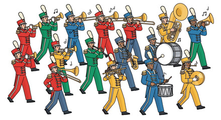 Vibrant marching band performing a lively musical parade with brass and percussion instruments in colorful uniforms for community celebration