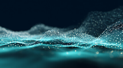 Dynamic abstract network visualization with glowing nodes and connections, representing data flow and digital connections in a futuristic landscape.